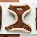 Brown dog harness with white fleece lining, featuring the CoCopup brand.