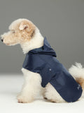 Small dog wearing a navy blue raincoat with hood