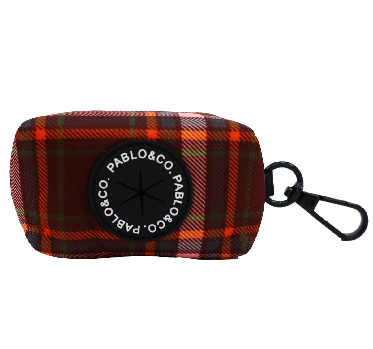 Plaid patterned pouch with 'Pablo&Co' branding 