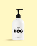 Dog shampoo bottle labeled 'Sensitive Wash Dog by Dr. Lisa' on a light yellow background