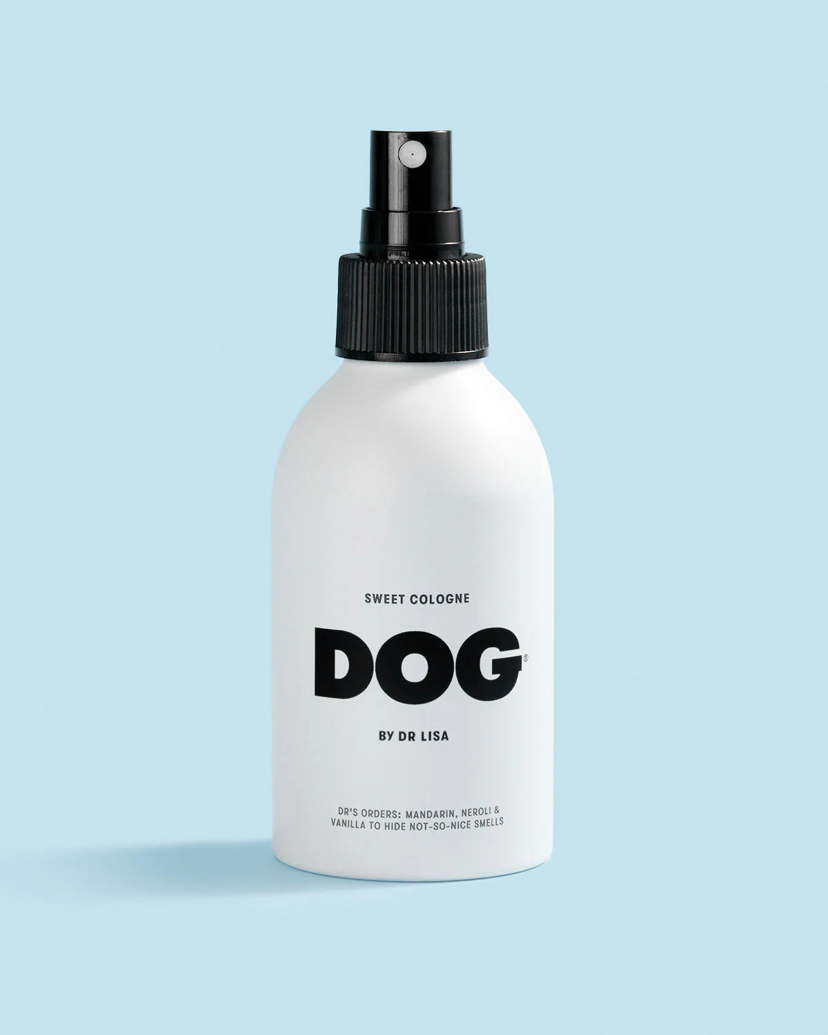 White spray bottle labeled 'Sweet Cologne Dog by Dr. Lisa' 