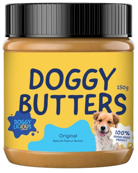 Jar of Doggy Butters with a yellow label and black lid
