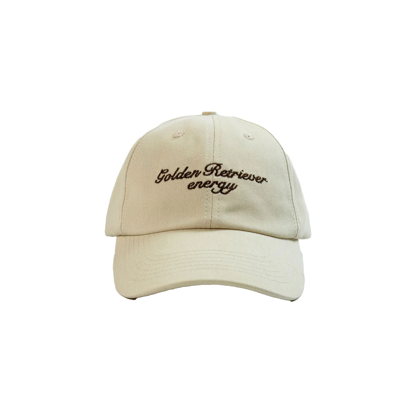 Beige cap with 'Golden Retriever energy' text on a white background