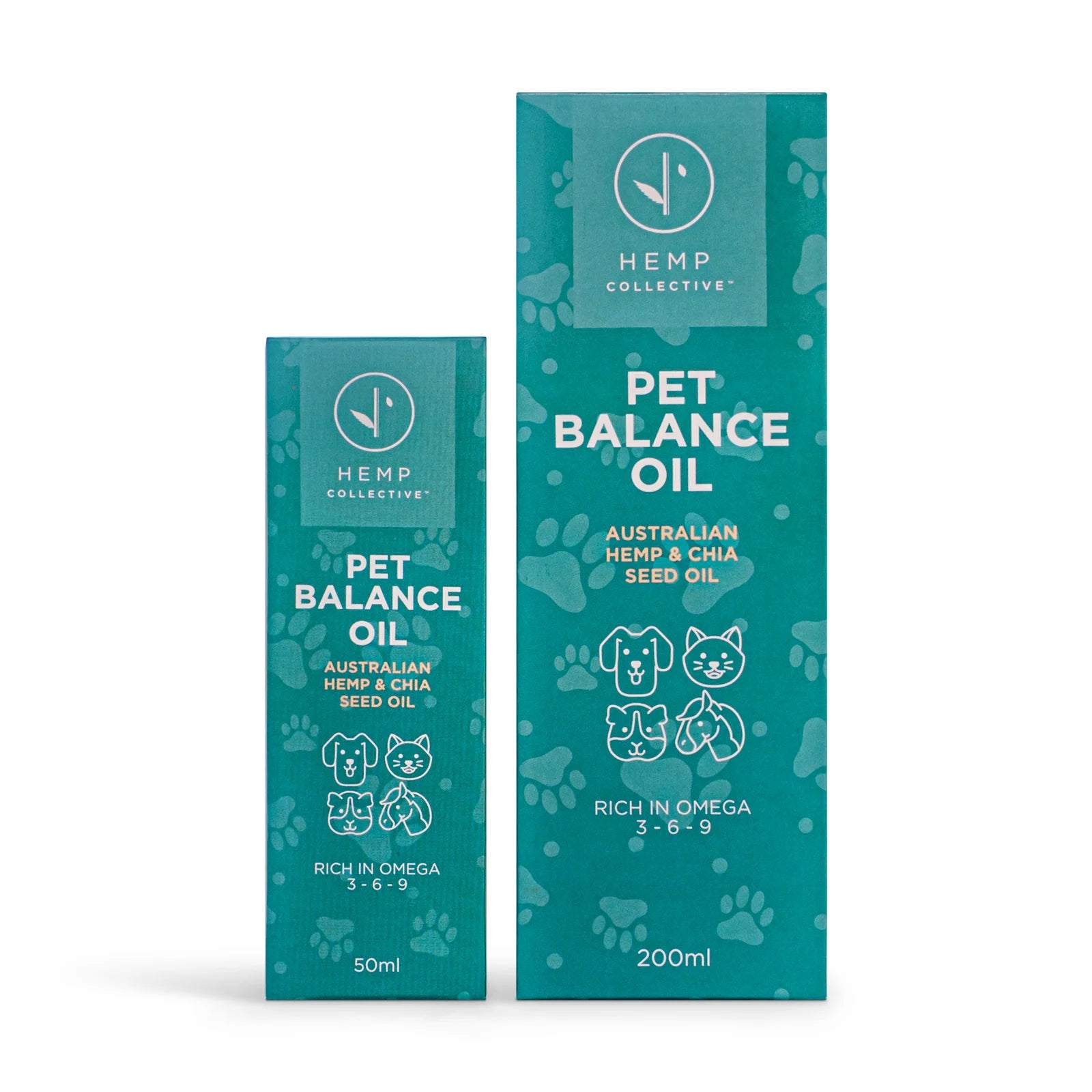 Two bottles of Hemp Collective Pet Balance Oil on a white background