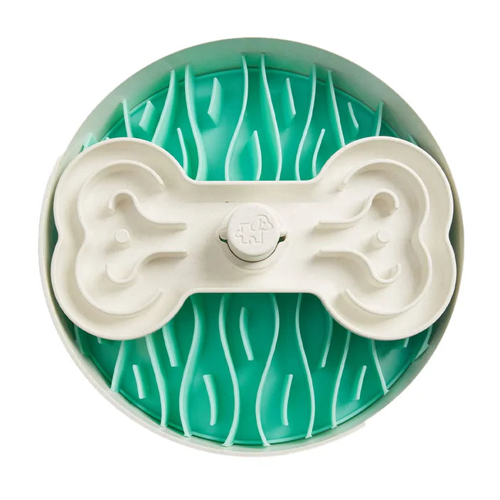 Teal and white slow feeder bowl with bone-shaped centre on a white background