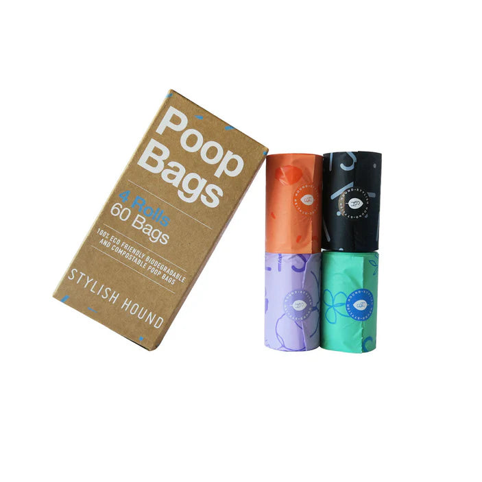 Stylish Hound poop bags packaging with three colorful rolls on a white background