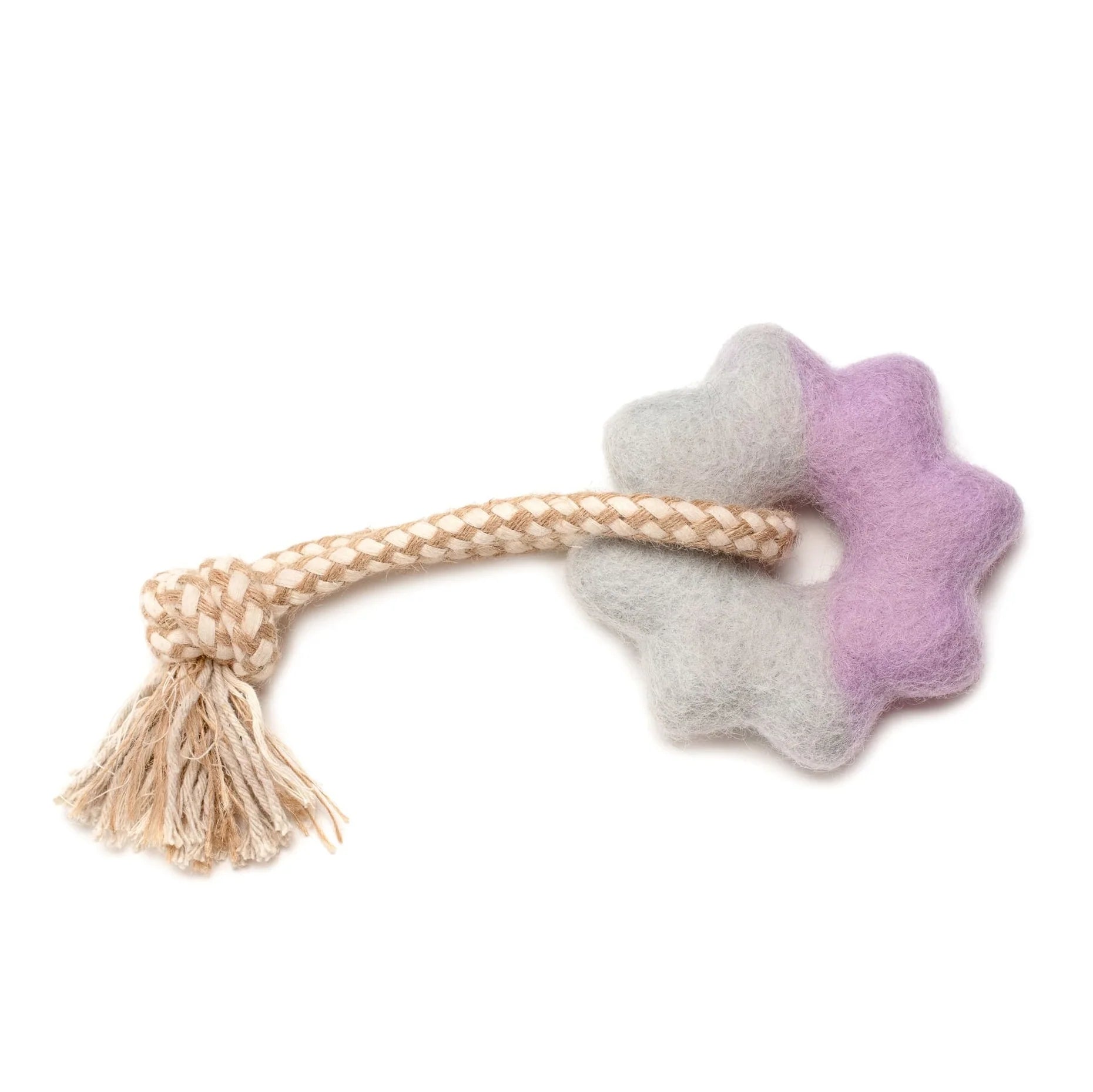 Star-shaped felt pet toy with a rope on a white background