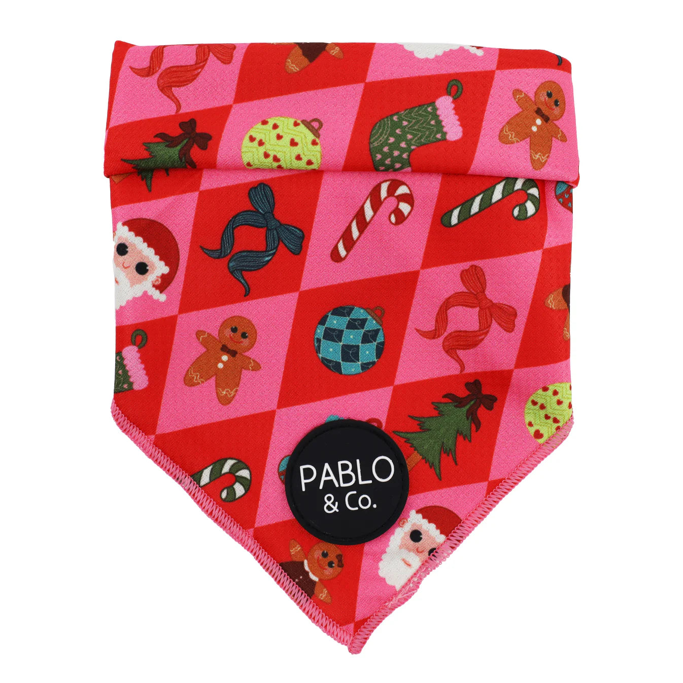 Christmas-themed bandana with colorful patterns on a white background, branded 'Pablo & Co'.