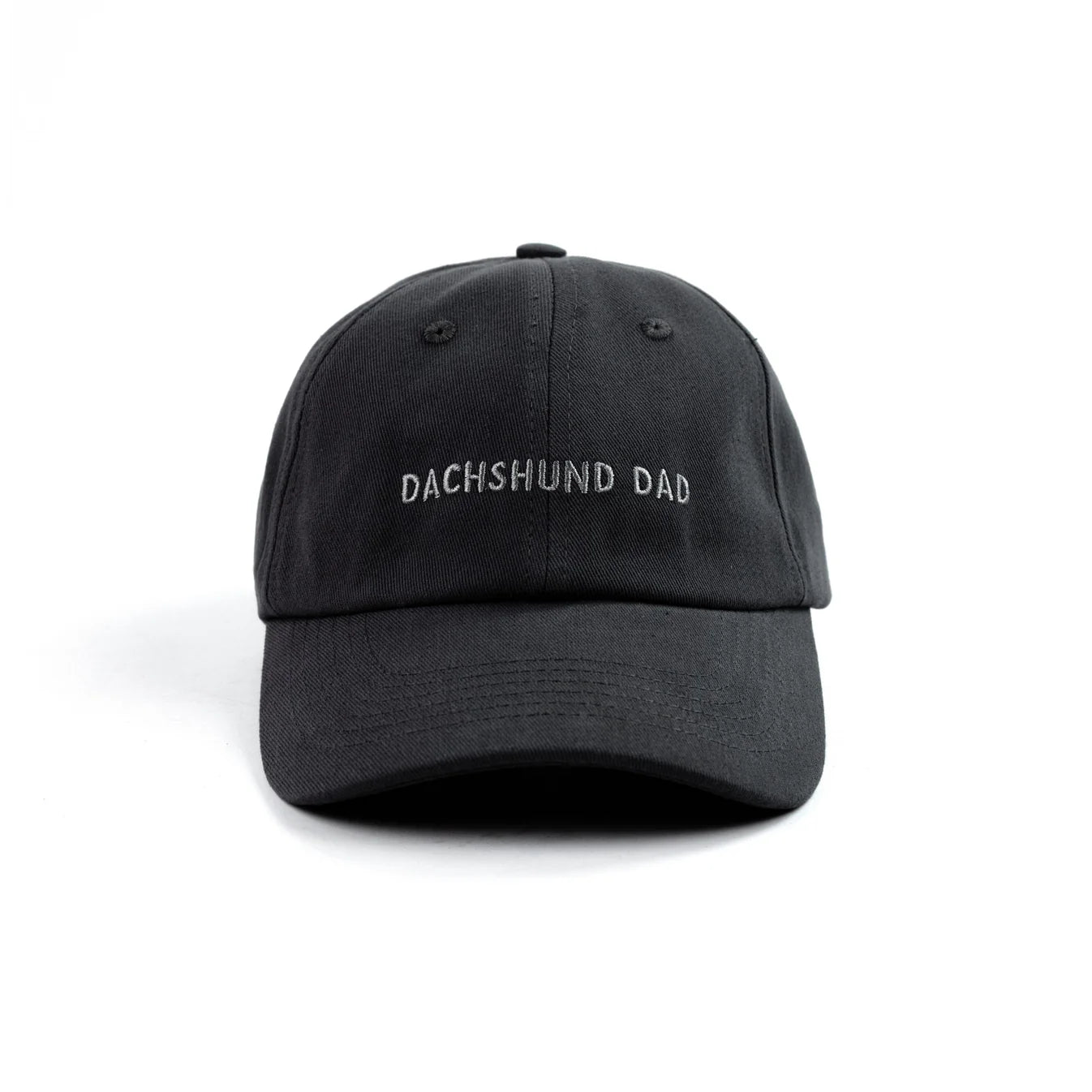 Black cap with 'DACHSHUND DAD' text on a white background