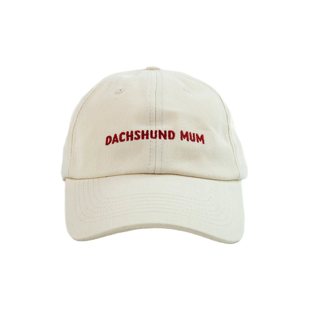 Beige cap with 'DACHSHUND MUM' text in red