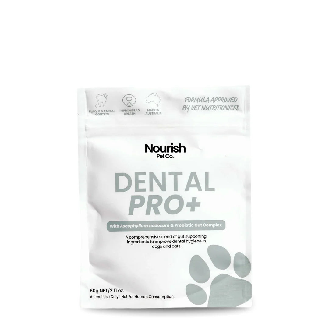 Nourish Pet Co. Dental Pro+ product packaging on a white background