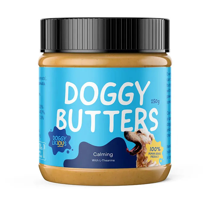 Jar of Calming Doggy Butters on a white background