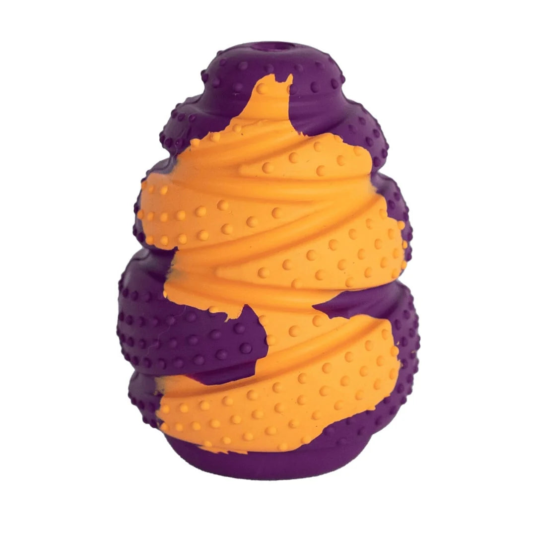 Purple and orange textured dog toy on a white background