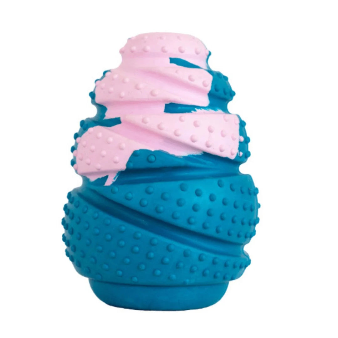 Blue and pink textured ball dog toy on a white background