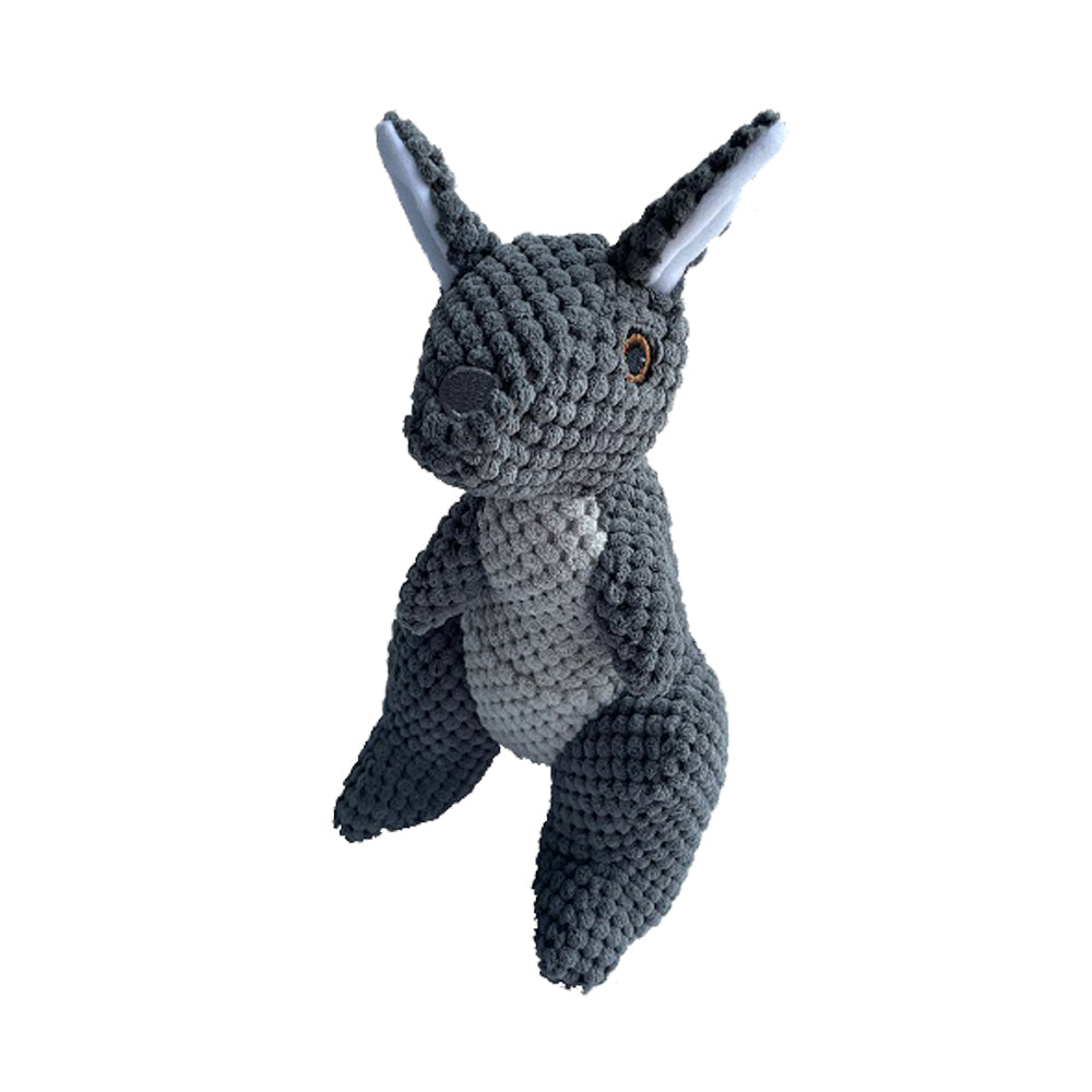 Gray plush kangaroo dog toy on a white background