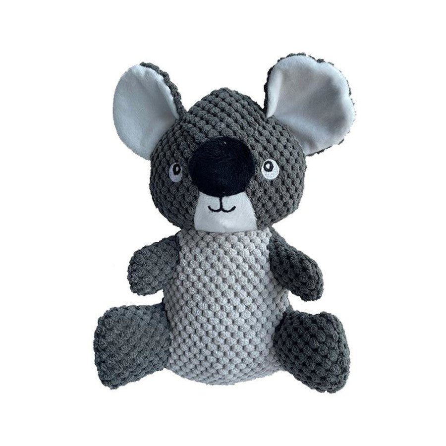 Gray knitted koala dog toy on a white background