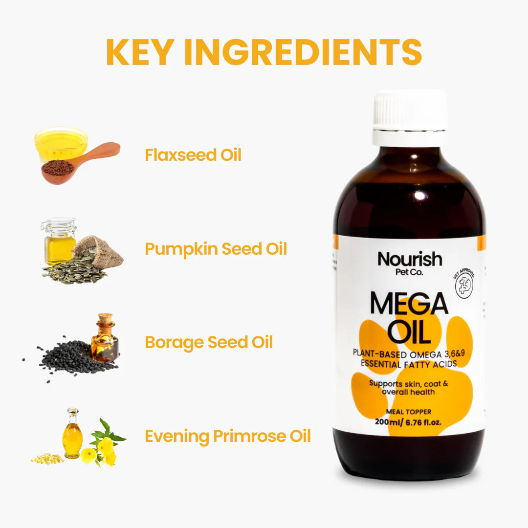 Bottle of Nourish Pet Co. Mega Oil with key ingredients listed on a white background