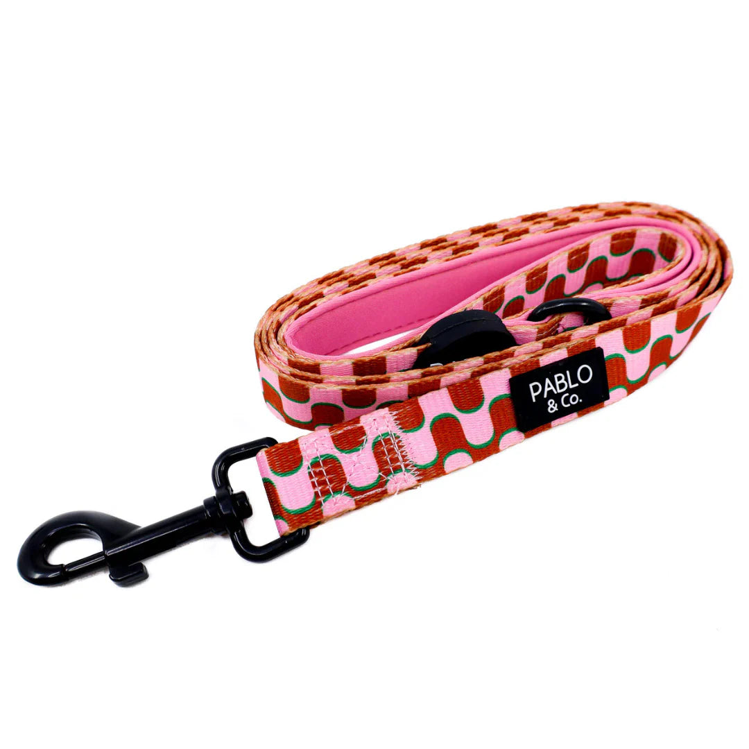 Dog leash with pink and brown pattern and black clip