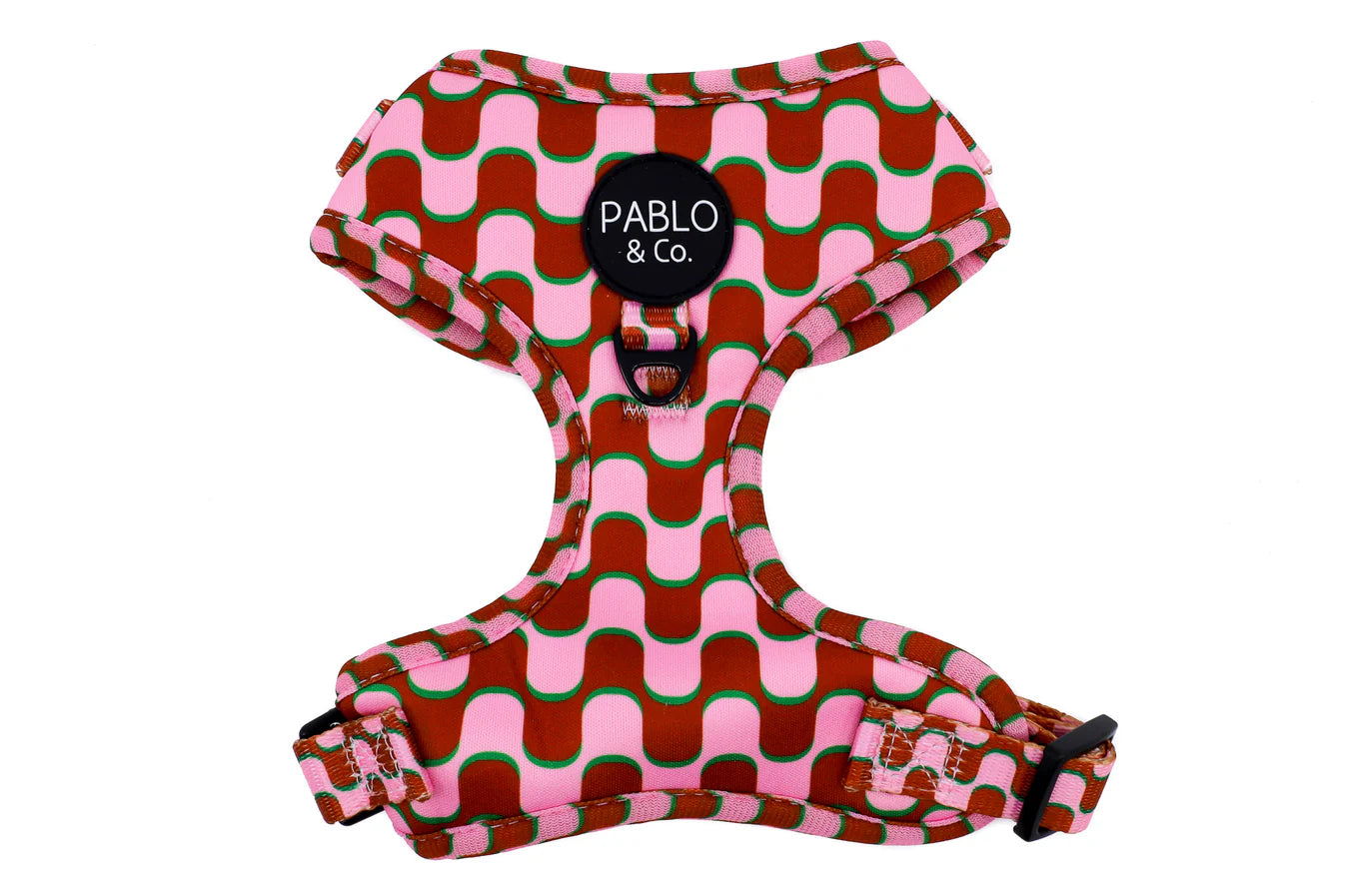 Pink and red checkered dog harness with 'Pablo & Co' branding on a white background