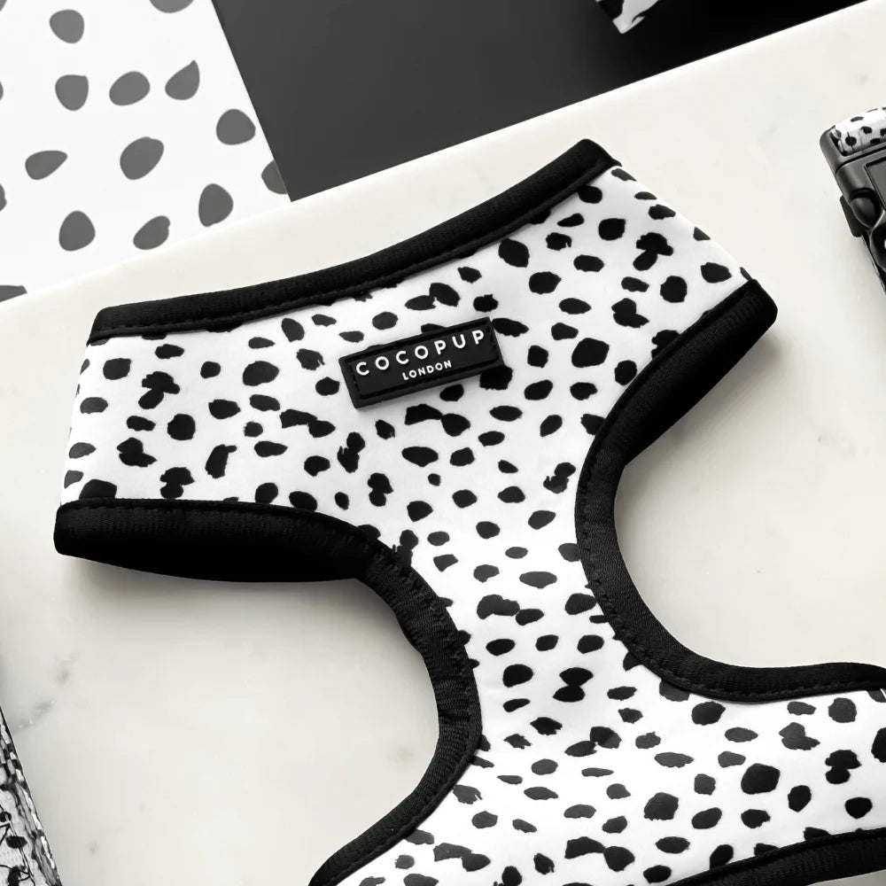 Black and white spotted dog harness with 'CocoPup London' label 