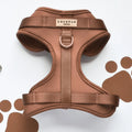 Brown neoprene dog harness with 'CocoPup London' branding