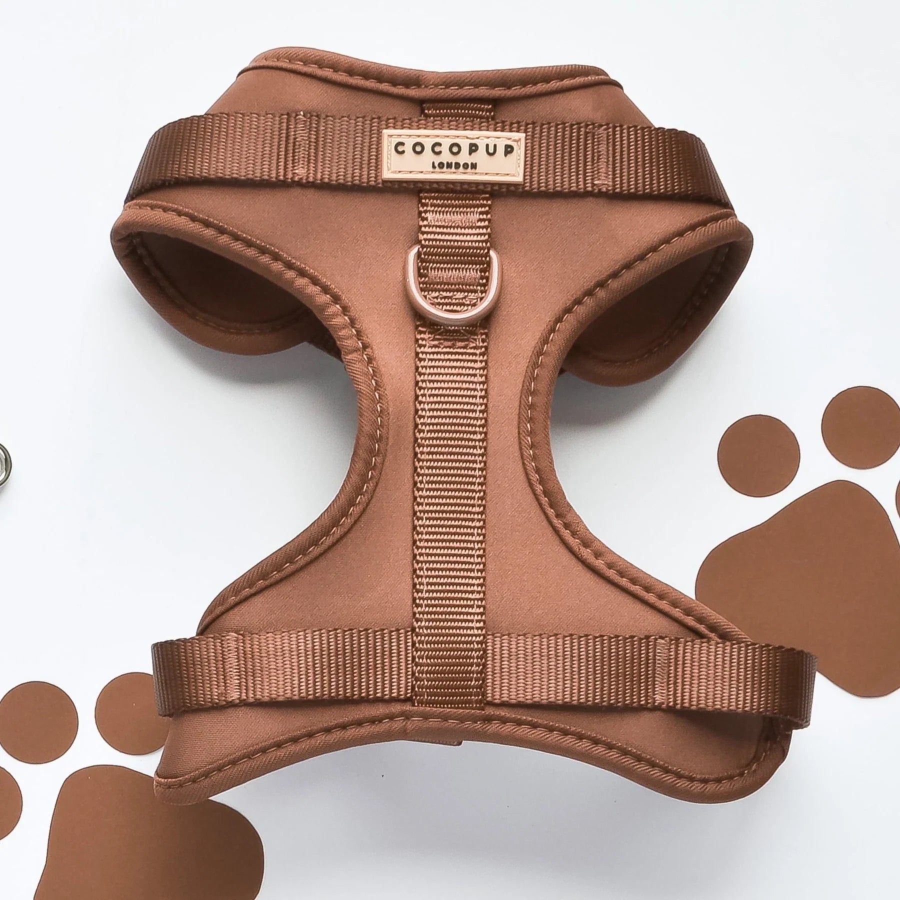 Brown neoprene dog harness with 'CocoPup London' branding