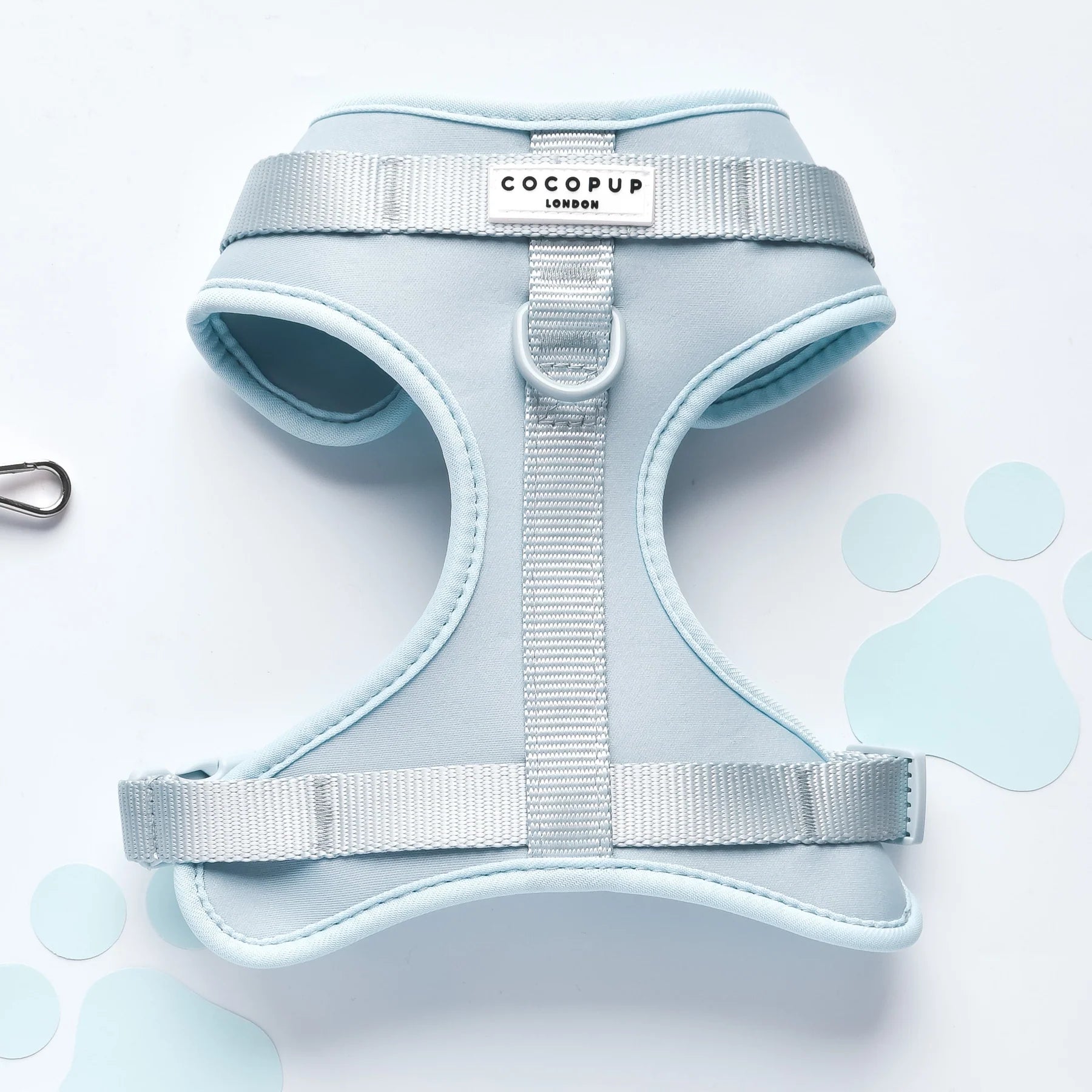 Light blue dog harness with 'Cocopup London' branding