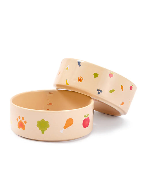 Two ceramic dog bowls with colorful designs on a white background