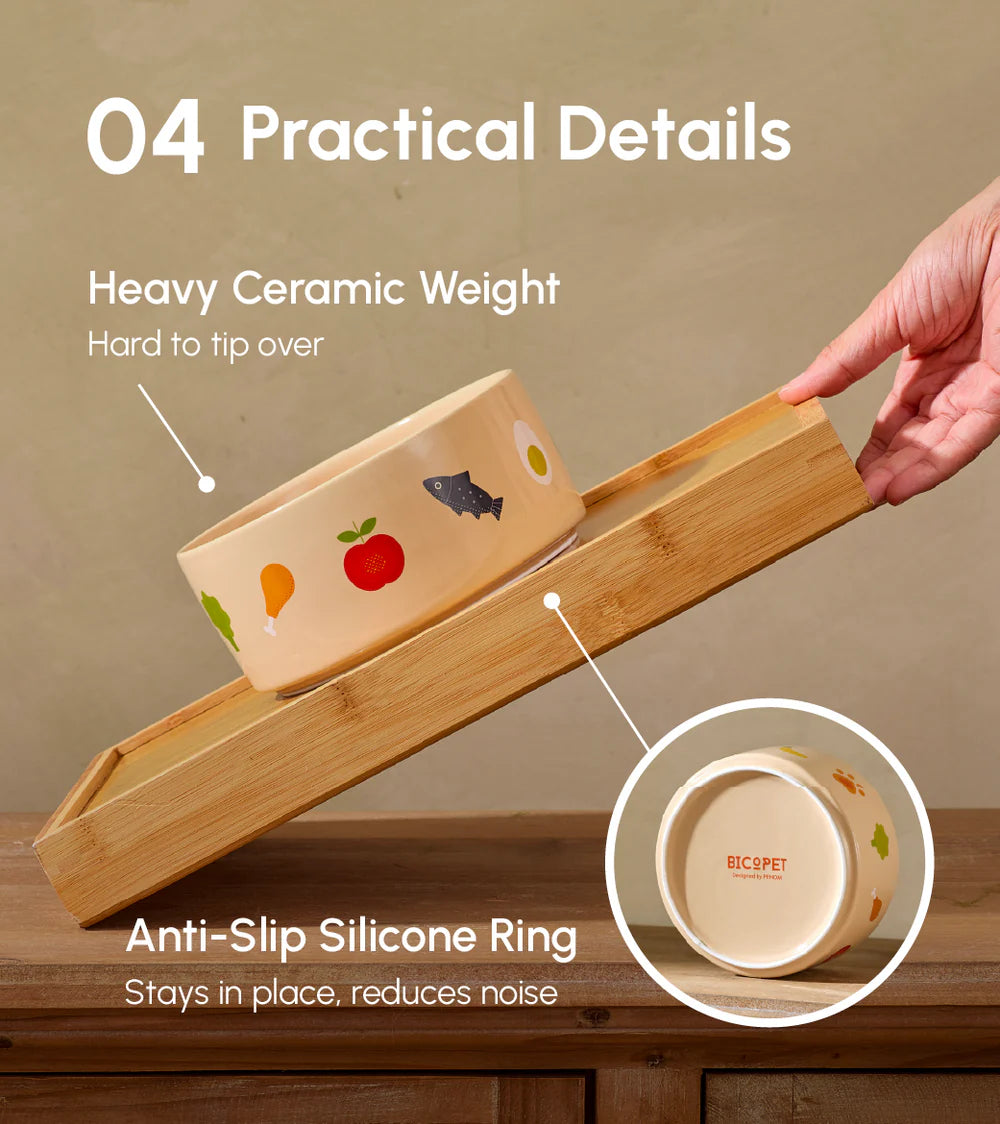 Dog bowl on a wooden surface, highlighting features like heavy ceramic weight and anti-slip silicone ring.