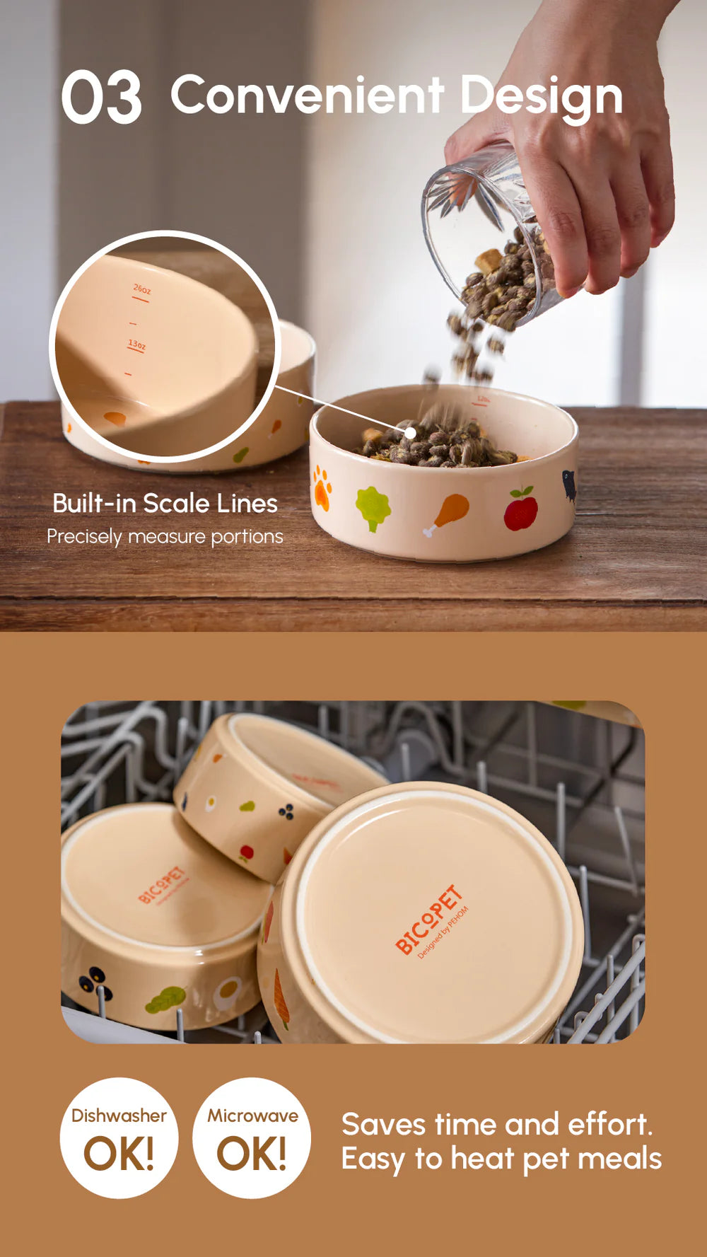 Pet food bowls with built-in scale lines and decorative design, placed on a wooden surface.