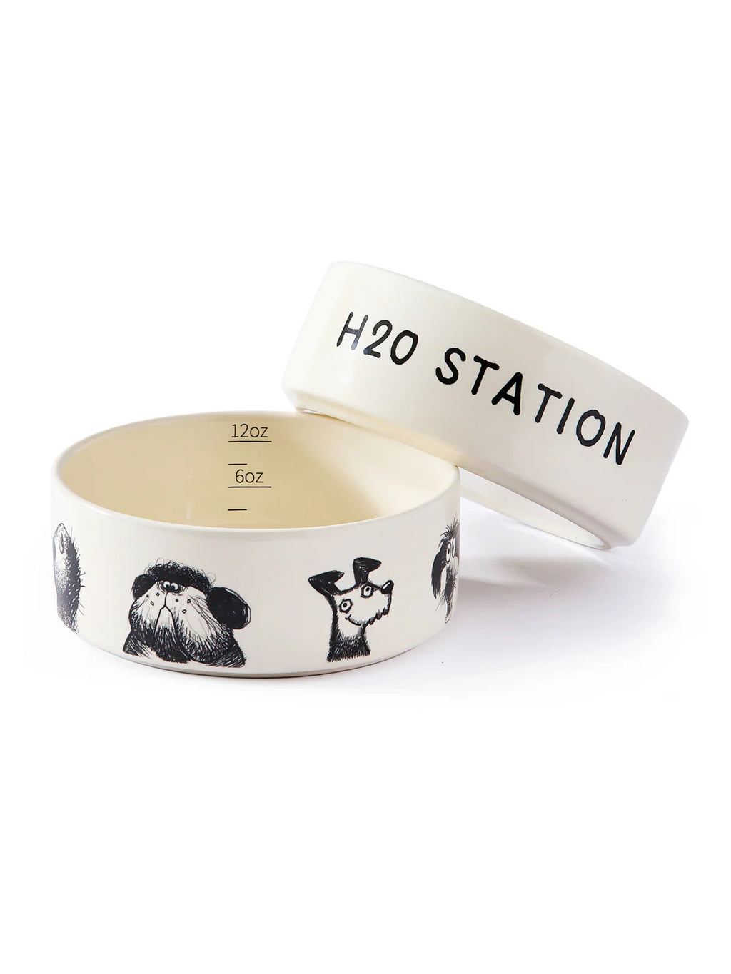 Ceramic Dog bowl with 'H2O Station' text and black dog illustrations on a white background