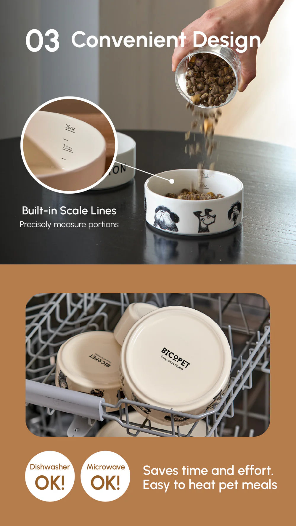 Pet food bowls with built-in scale lines and ease of use features on a brown background.