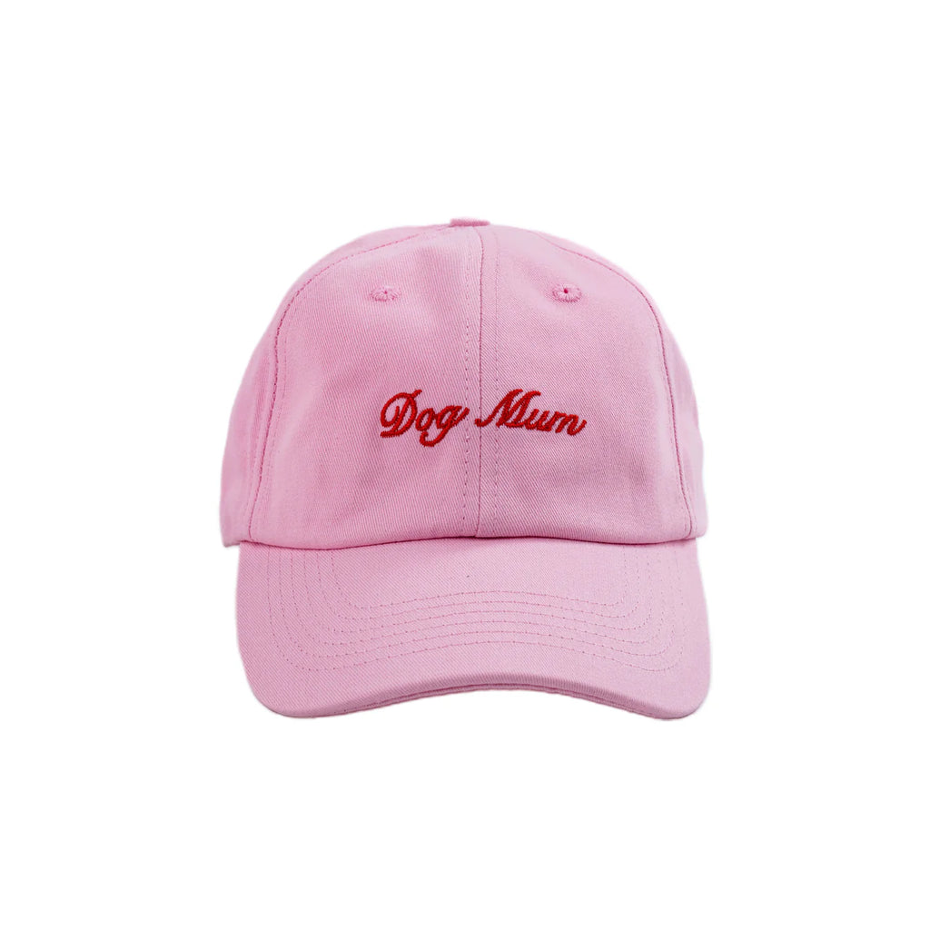 Pink cap with 'Dog Mum' text on a white background