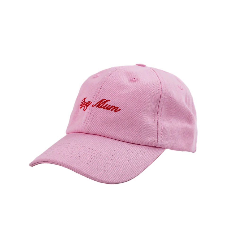 Pink cap with 'Dog Mum' text on a white background