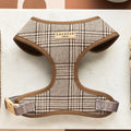 Plaid dog harness with brown trim, featuring the CoCoPup London brand.