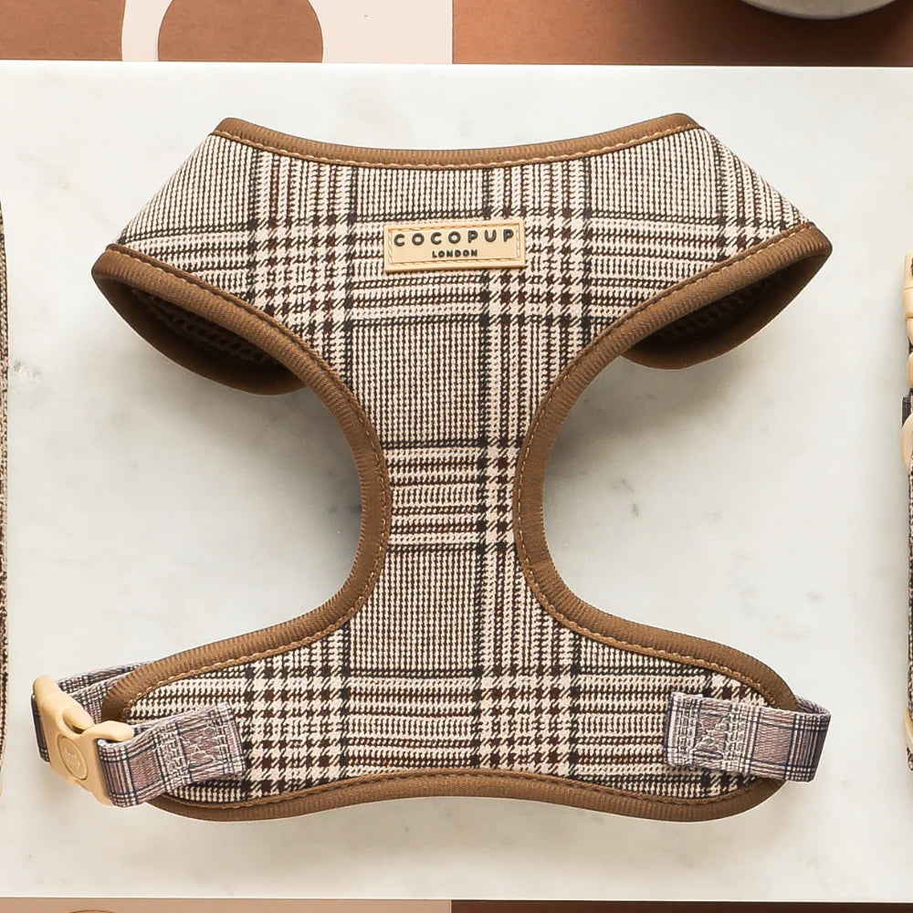 Plaid dog harness with brown trim, featuring the CoCoPup London brand.