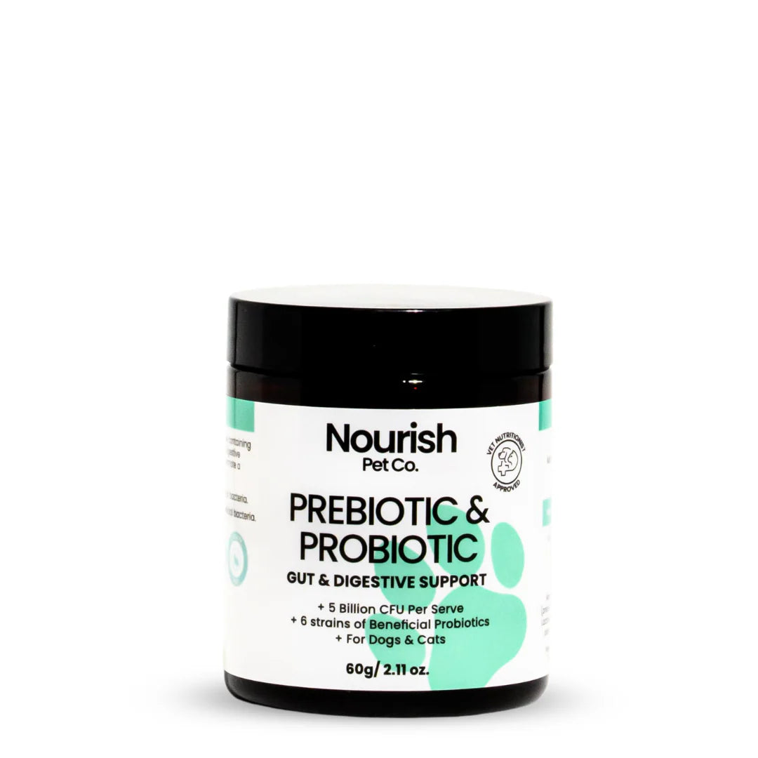 Jar of Nourish Pet Co prebiotic and probiotic supplement on a white background