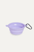 Collapsible purple silicone pet bowl with a carabiner