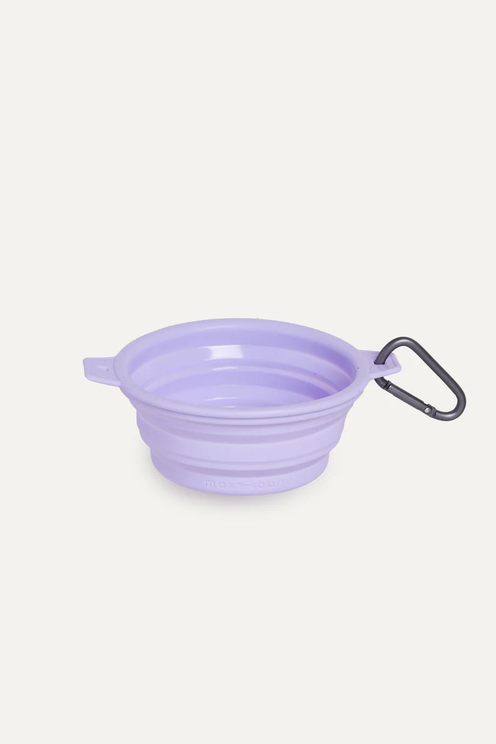 Collapsible purple silicone pet bowl with a carabiner