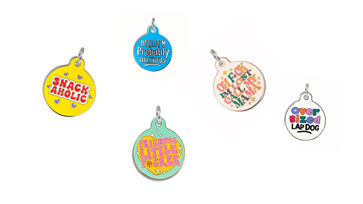 Set of colorful pet tags with humorous text on a white background