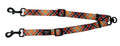 Plaid patterned dog leash splitter with black hardware on a white background