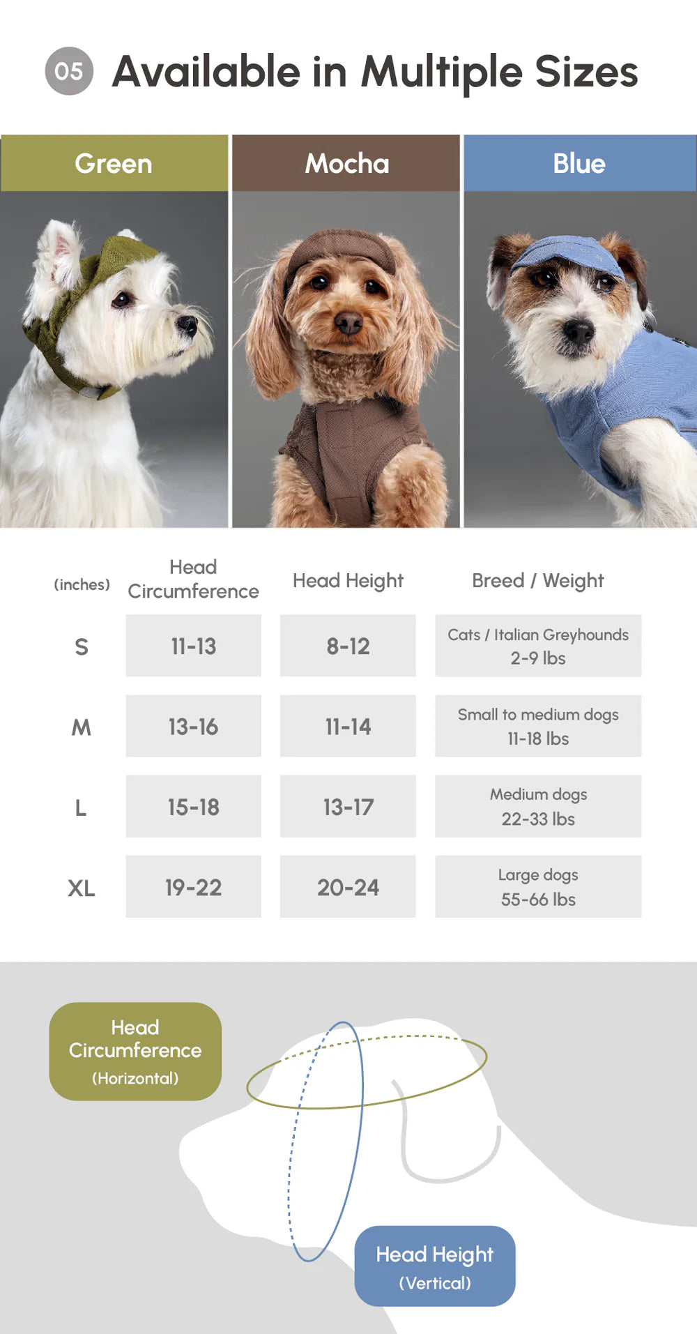Dog hats in green, mocha, and blue with size chart on a gray background
